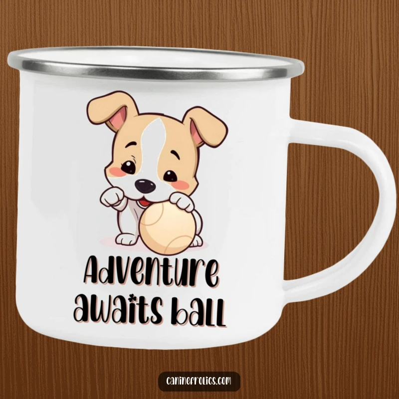 Funny Camping Mug: An eager dog playfully nudges a ball with its nose, ready for adventure and a warm drink.