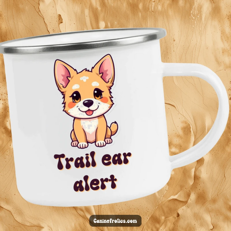 Funny enamel camping mug showing a curious dog with ears perked, looking playful, perfect for outdoor exploration.
