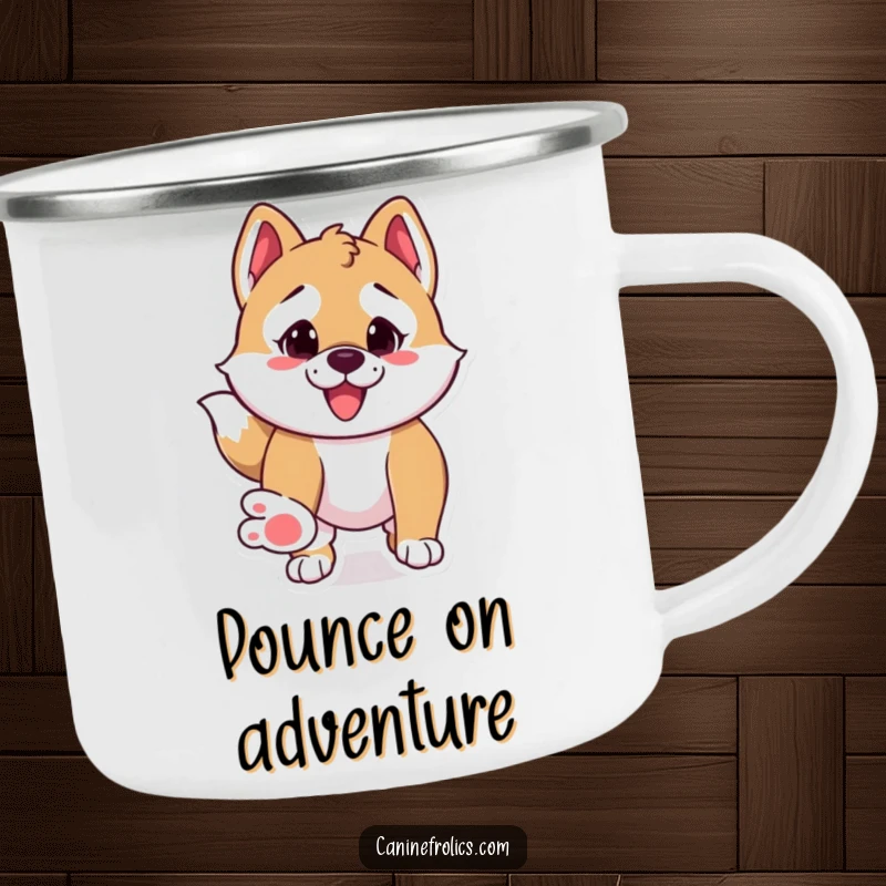 Funny camping mug illustrating a dog with paws outstretched, hilariously poised to pounce on outdoor fun.
