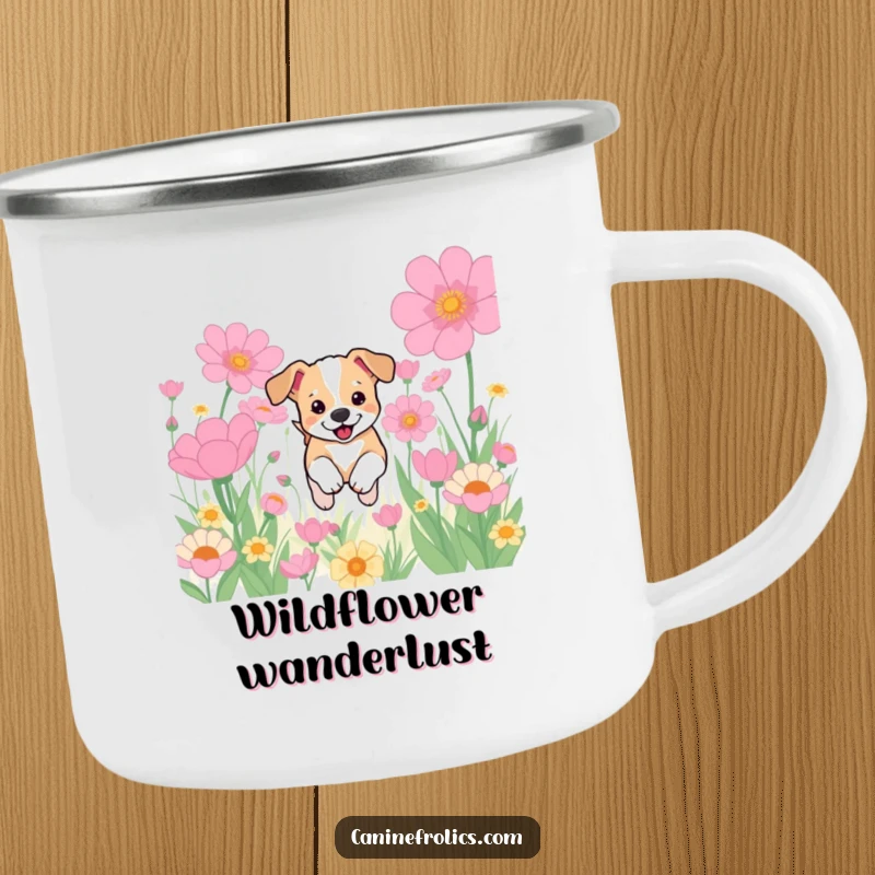 Funny camping mug showing a happy dog puppy running through a fantastical field of oversized flowers, perfect for outdoor enthusiasts and dog lovers.