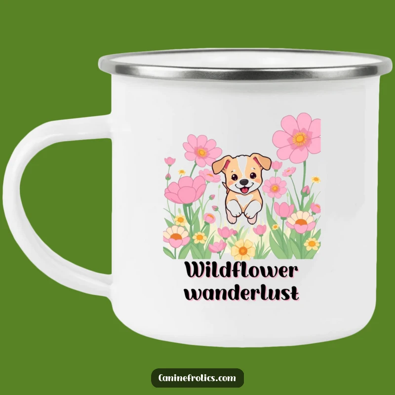 Funny Puppy Flower Field Camping Mug: Outdoor Dog Adventure, Durable Humorous Cup