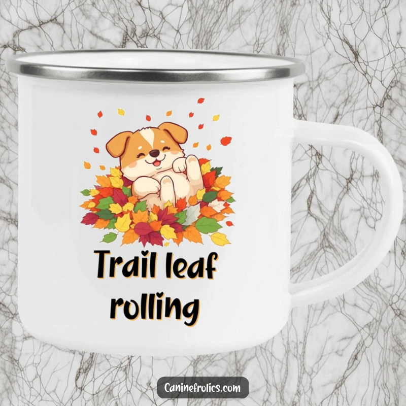 Funny camping mug illustrating a dog blissfully rolling in a pile of vibrant autumn leaves, capturing the spirit of outdoor fall fun.