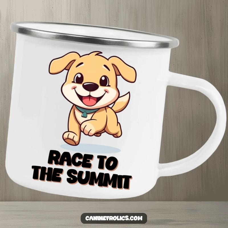 Funny camping mug with a dog character running with a happy grin and ears trailing, ready for any adventure.