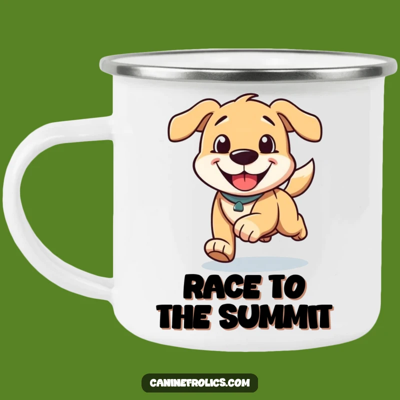Funny Running Dog Camping Mug - Adventure-Ready with Happy Grin