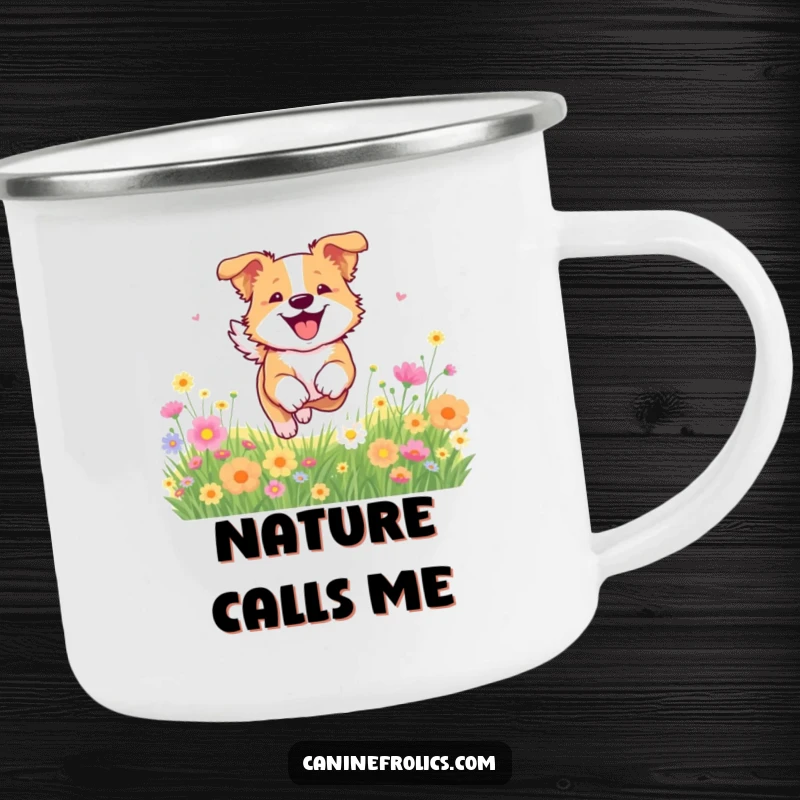 Funny dog camping mug showing a dog bounding through a field of flowers, perfect for enjoying nature.