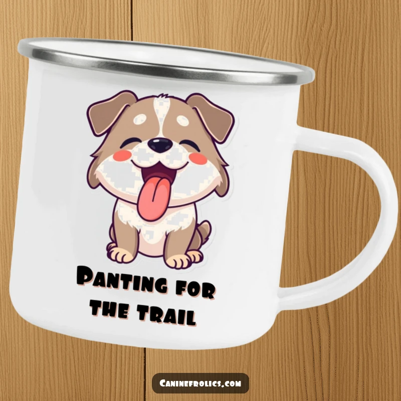 Funny camping mug featuring a dog with its tongue lolling out, panting with joy, ready for outdoor fun.