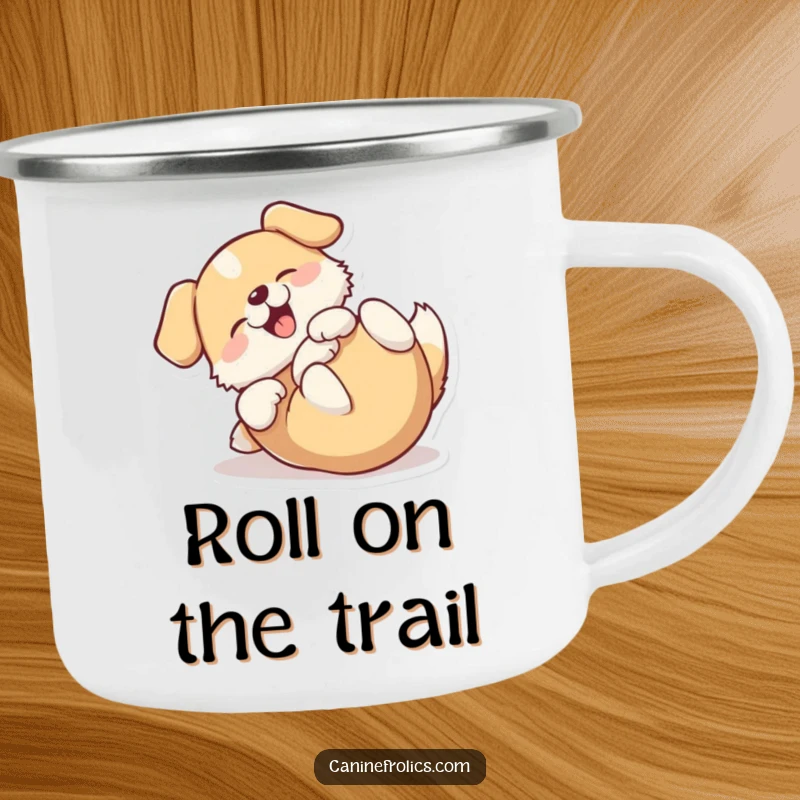 Funny camping mug depicting a dog blissfully rolling on its back, radiating pure outdoor happiness.