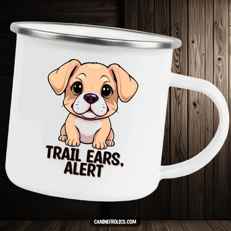 Funny camping mug with a dog whose ears are flopped forward, a symbol of curiosity, ready for any outdoor exploration.