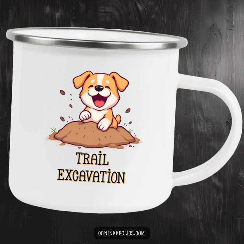 Funny Camping Mug: A dog gleefully digging a hole, with dirt playfully flying around it. Ideal for outdoor adventures and humor lovers.