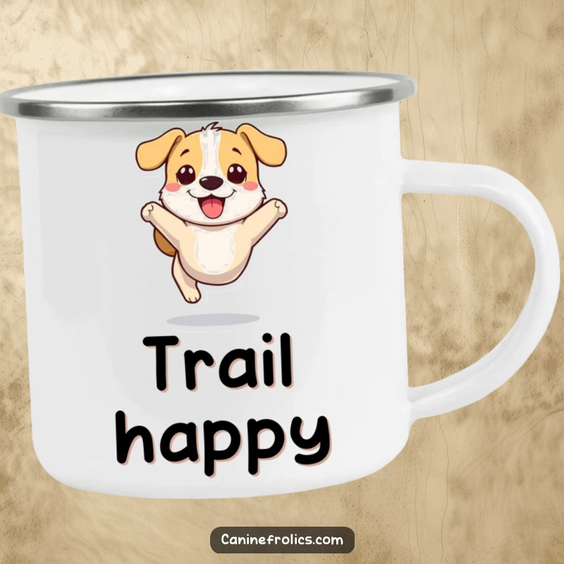 Funny dog camping mug showcasing a stylized dog character bounding with pure joy, perfect for any outdoor enthusiast.