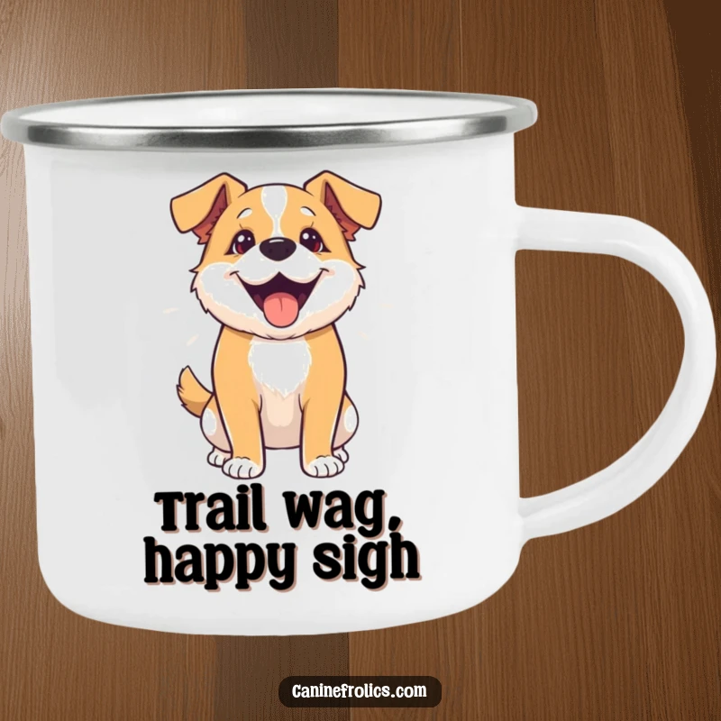 Funny camping mug depicting a dog thoroughly wagging its entire body, full of outdoor excitement and joy.