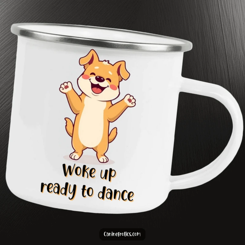 Funny Camping Mug: A dog joyfully dances on its hind legs, paws up, ready for adventure and a warm drink under the stars.