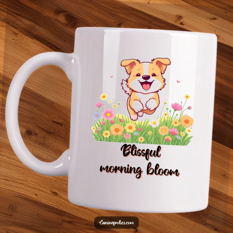 Funny dog mug showing a happy dog bounding through a vibrant field of colorful flowers, embodying pure, unadulterated joy and freedom.