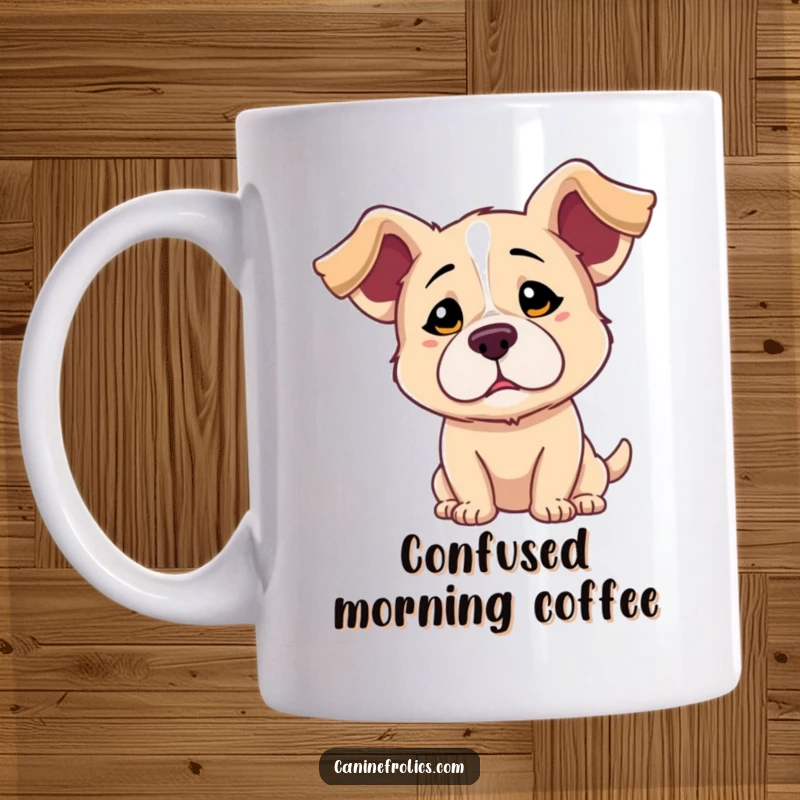 Funny mug showing a dog with its ears comically flopped, head tilted slightly, with a look of innocent, playful confusion.