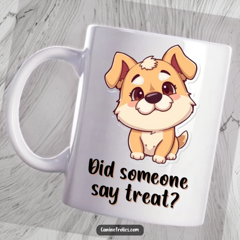 Funny Dog Mug: Goofy dog character tilting its head, full of playful curiosity and adorable mischief, perfect for coffee lovers.