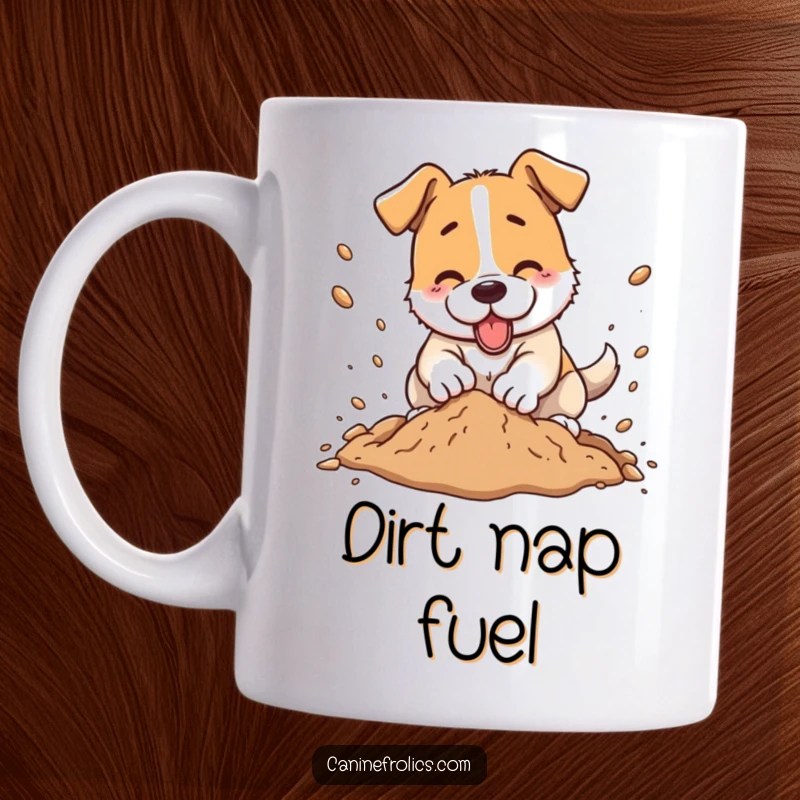 Funny dog mug, a happy dog character energetically digging a hole, dirt flying everywhere, enthusiastic pet owner gift.