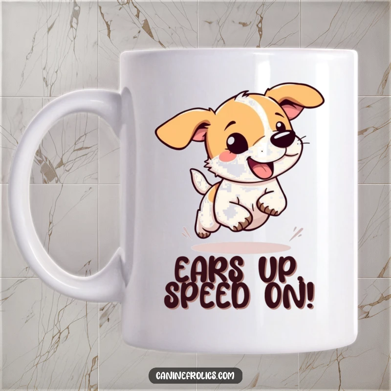Funny dog mug depicting a dog with long, floppy ears running freely with ears flying, embodying pure, unadulterated happiness and humor.