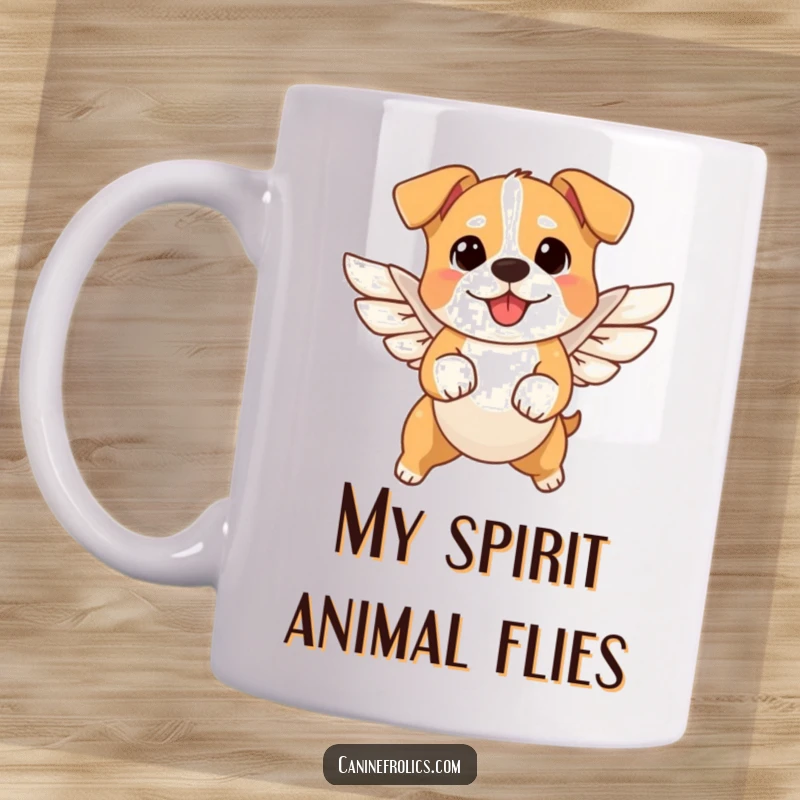 Funny angel dog mug featuring a small dog with tiny wings joyfully leaping through the air, embodying playful freedom and humor.