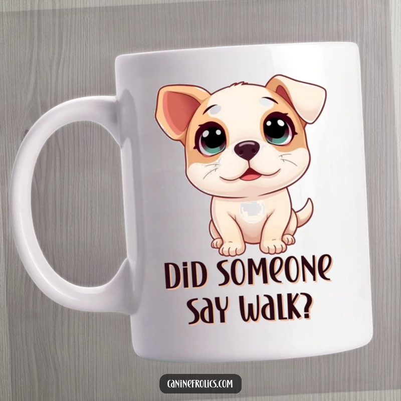 Funny mug depicting a dog with enormous, innocent eyes looking up with pure, unadulterated excitement and adoration.
