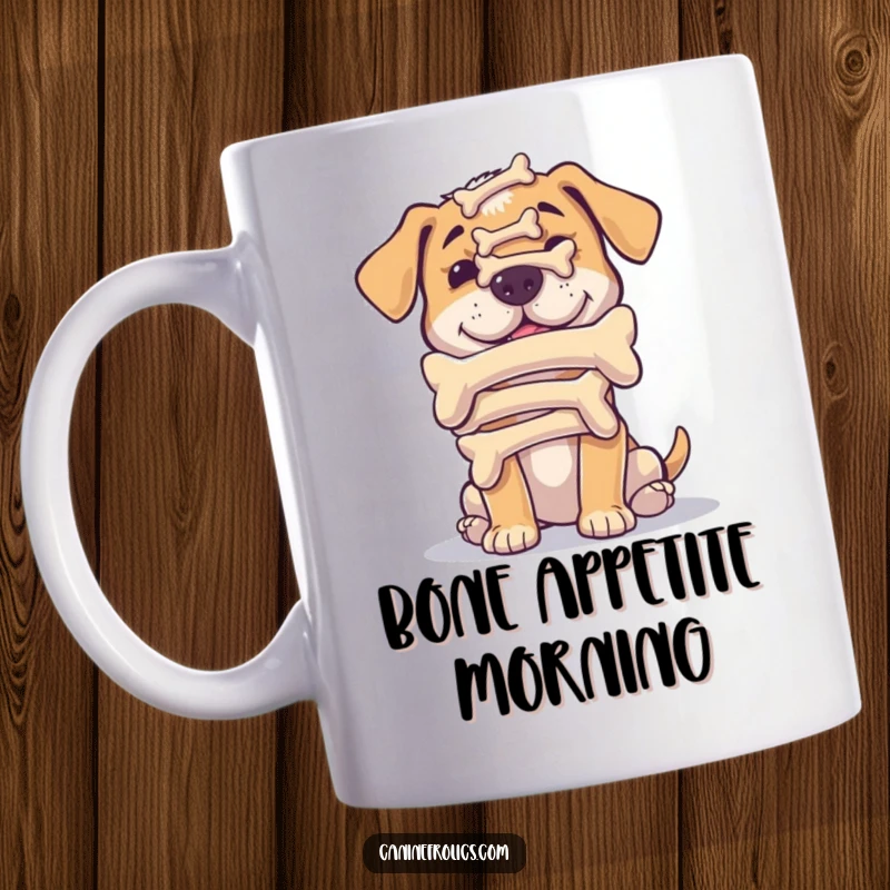 Funny mug depicting a determined dog precariously balancing a tall stack of bones on its nose, showcasing focus.