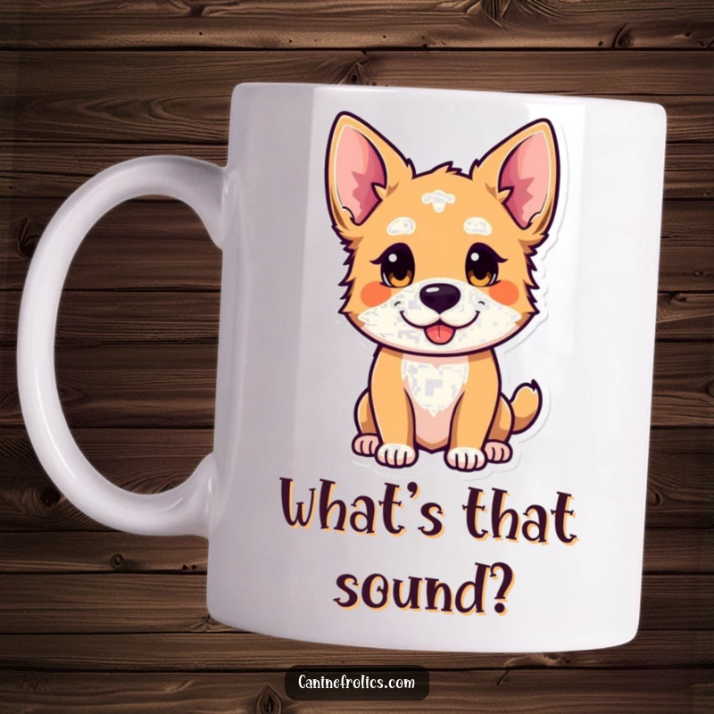 Funny dog mug showcasing a curious canine character with ears perked, eyes wide with playful wonder and interest.