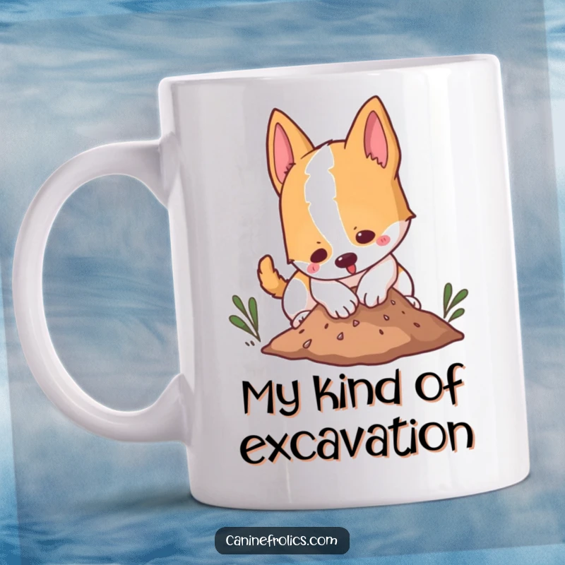 Funny dog mug showing a canine character playfully digging with determination in a small mound of dirt, full of enthusiasm.
