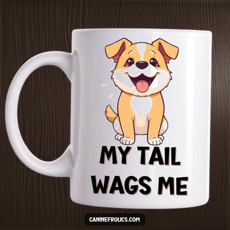 Funny mug featuring an overjoyed dog wiggling its entire body with pure happiness and excitement, a delightful sight.