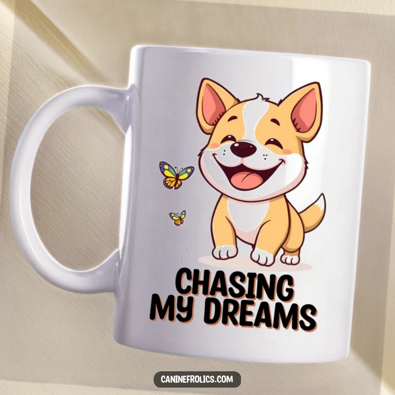 Funny mug showing a dog with an enormous, ecstatic grin, joyfully pursuing a fluttering butterfly in a sunny meadow.