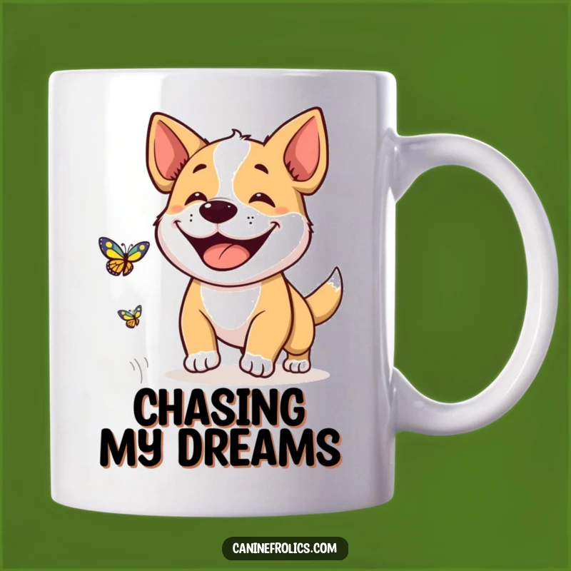 Funny Dog Grin Mug: Joyful Butterfly Chaser Dog Art, Perfect Funny Gift for Happy Pups
