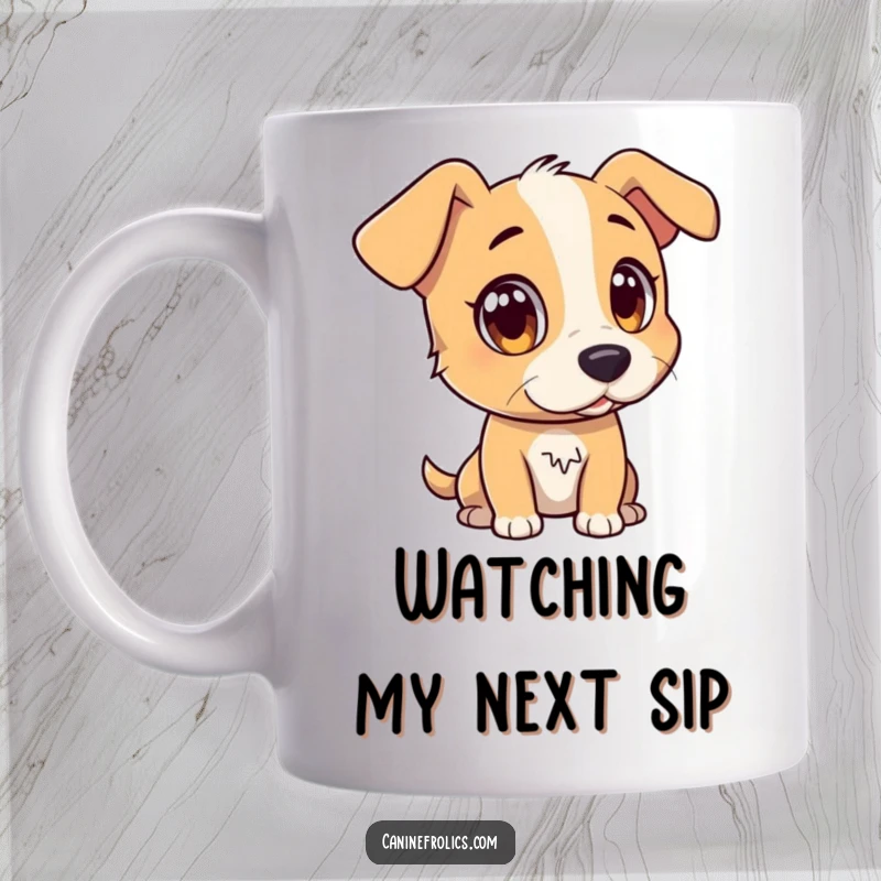Funny mug featuring a dog character with wide, attentive eyes, watching a distant, interesting object, showing deep focus.