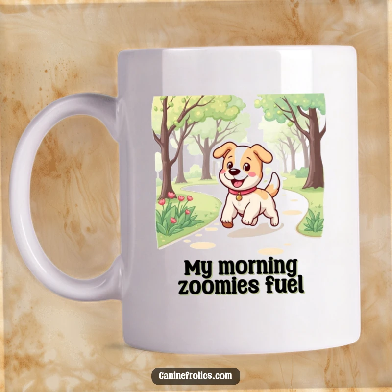 Funny mug featuring a dog character with a bouncy stride, happily trotting along a sunny park path, conveying pure joy.