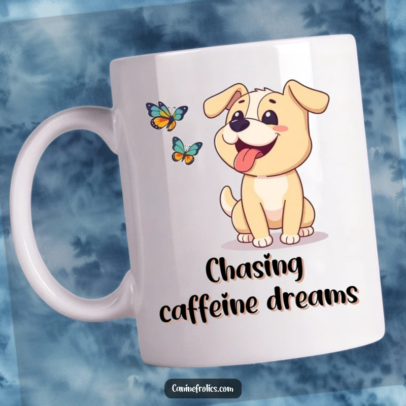 Funny dog mug showing a happy dog with its tongue lolling out, joyfully chasing a butterfly in a whimsical chase.