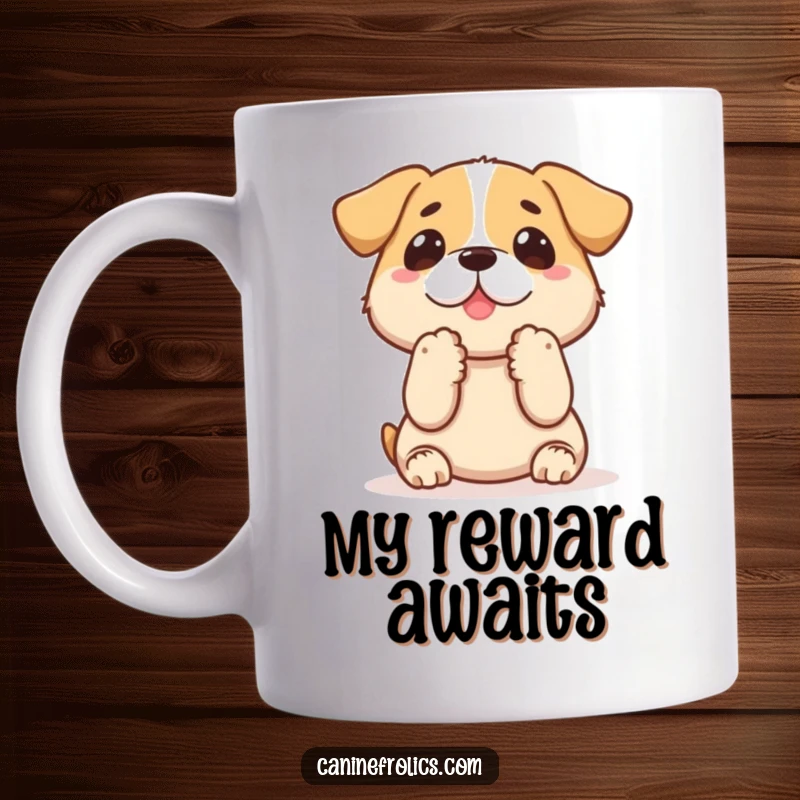 Funny dog mug showing a dog with paws up, eyes wide with excitement, eagerly anticipating a delicious treat, full of pure joy.