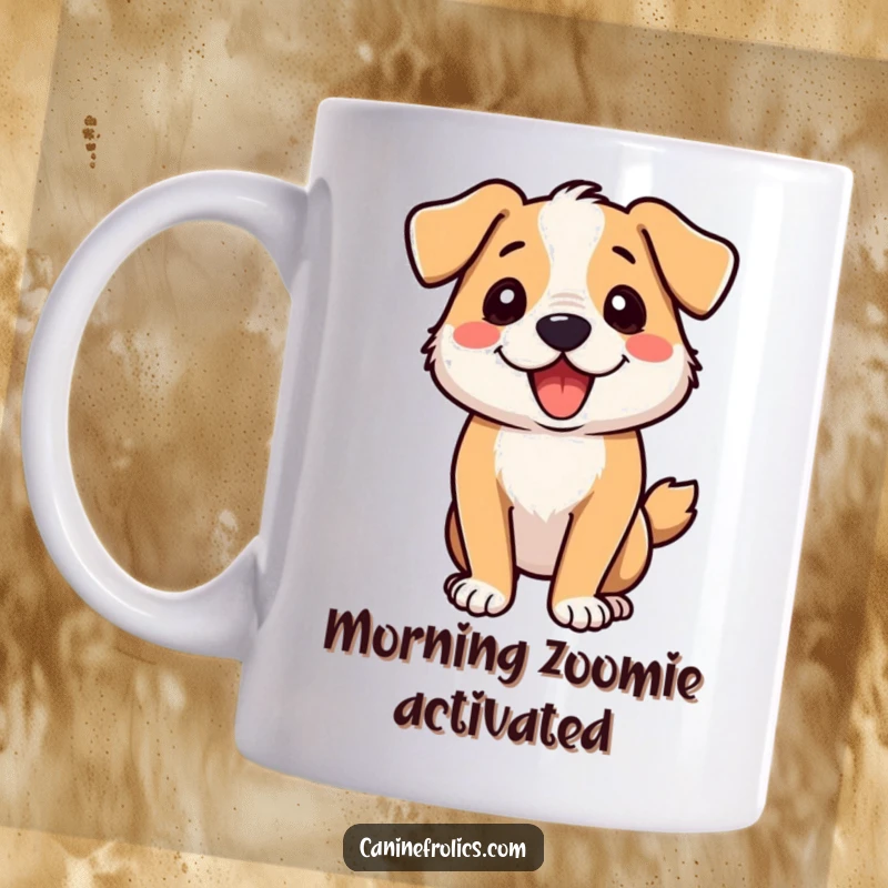 Funny dog mug illustrating a dog spinning in circles with zoomie energy, pure canine delight.