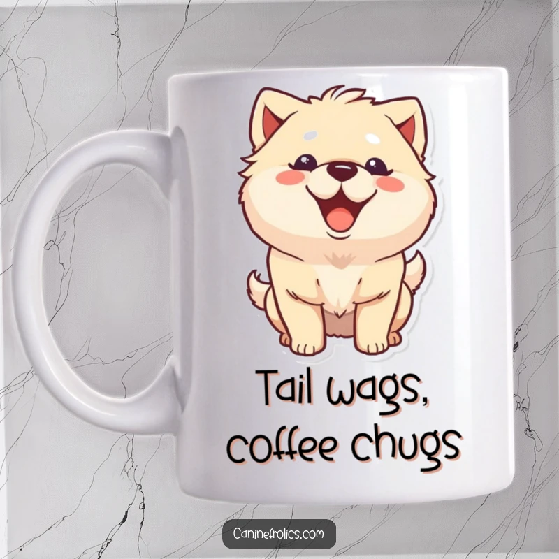 Funny fluffy dog mug with a huge happy grin and a furiously wagging tail, radiating pure joy and excitement for dog enthusiasts.