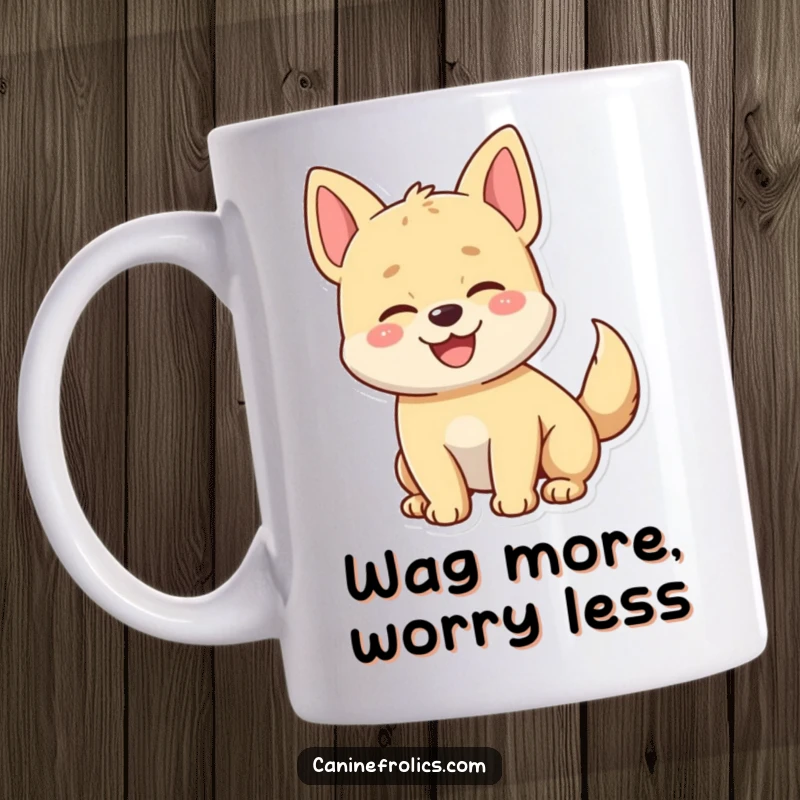 Funny mug showcasing a happy dog character with its tail wagging with pure, unadulterated enthusiasm and joy.