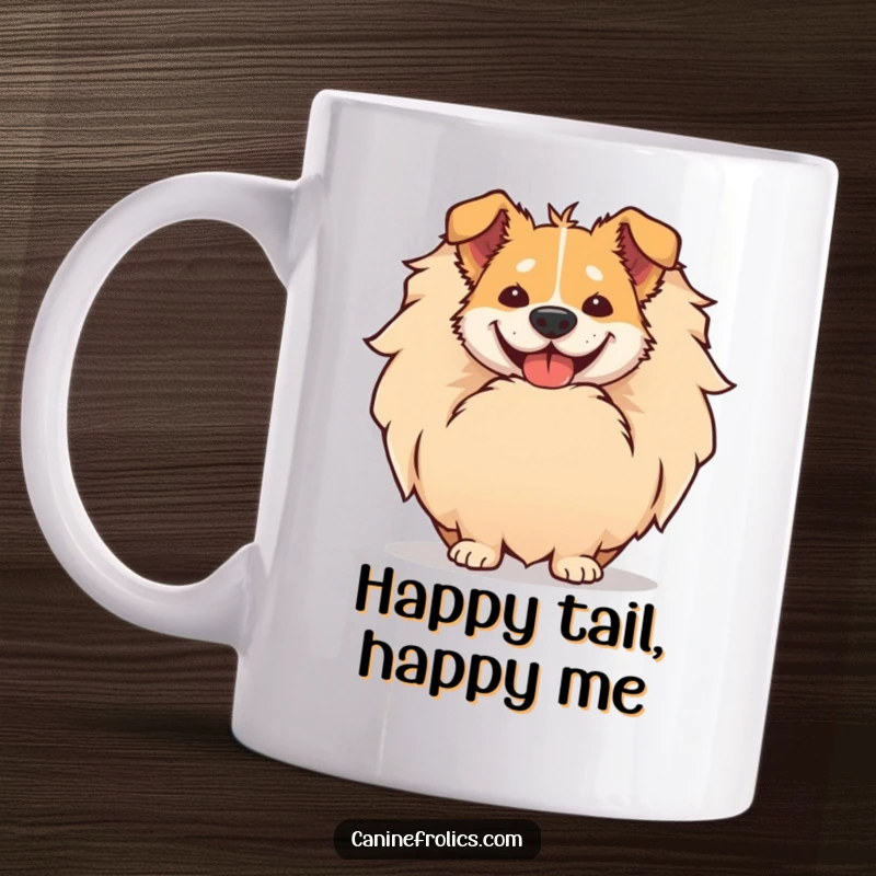 Funny mug showcasing a dog's comically large, joyful smile as it playfully peeks from behind its giant, fluffy tail.