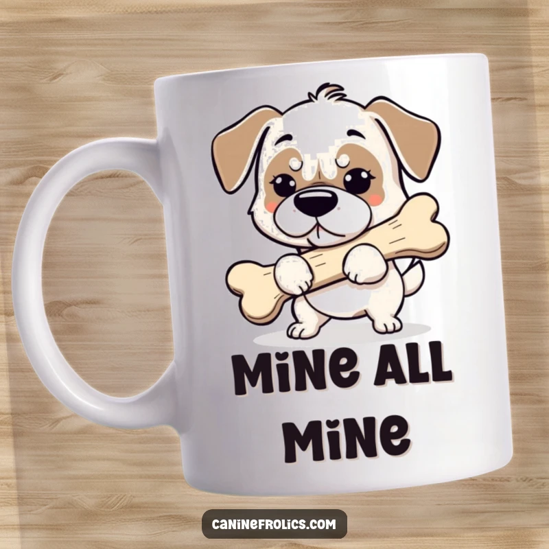 Funny dog mug showing a dog with a determined expression, carrying an excessively large bone with all its might.