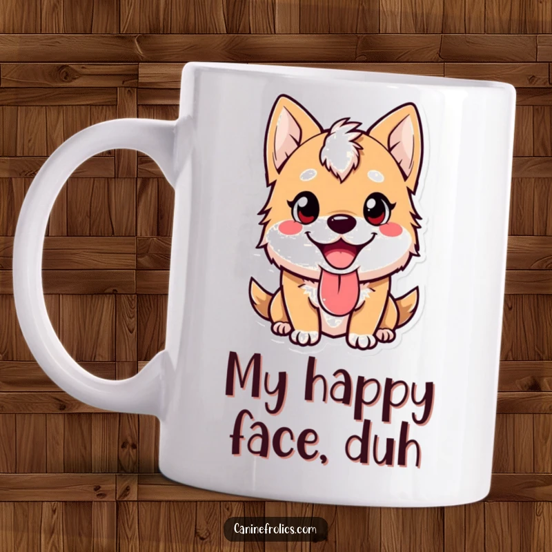 Funny dog mug with a cute canine character showing a happy expression and tongue lolling out, radiating pure delight and playfulness.