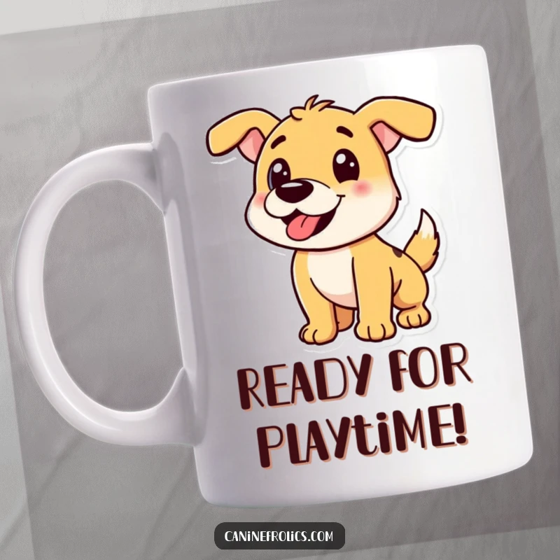 Funny Dog Mug: Playful dog character captured mid-pounce, ready for interaction, radiating energy and fun.