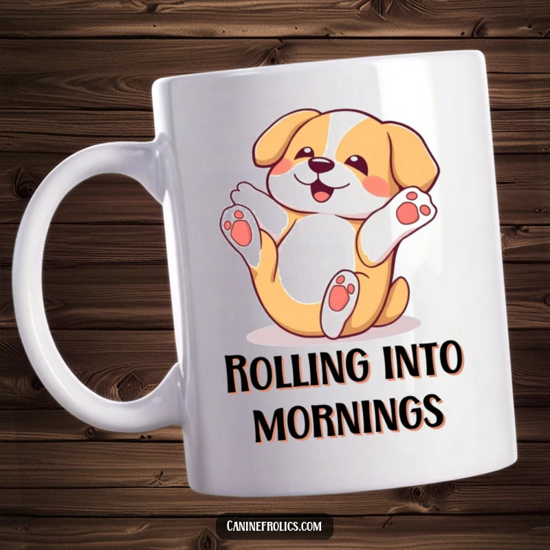 Funny dog mug featuring a character playfully rolling on its back with all four paws up in the air, radiating pure happiness and relaxation.