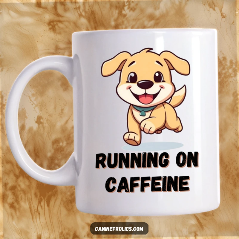 Funny mug depicting a dog character running with an exaggerated happy grin and ears trailing behind in the wind, full of glee.