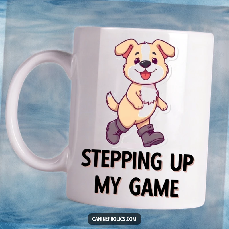 Funny dog mug showcasing a dog confidently walking in comically oversized boots, exuding swagger and playful determination.