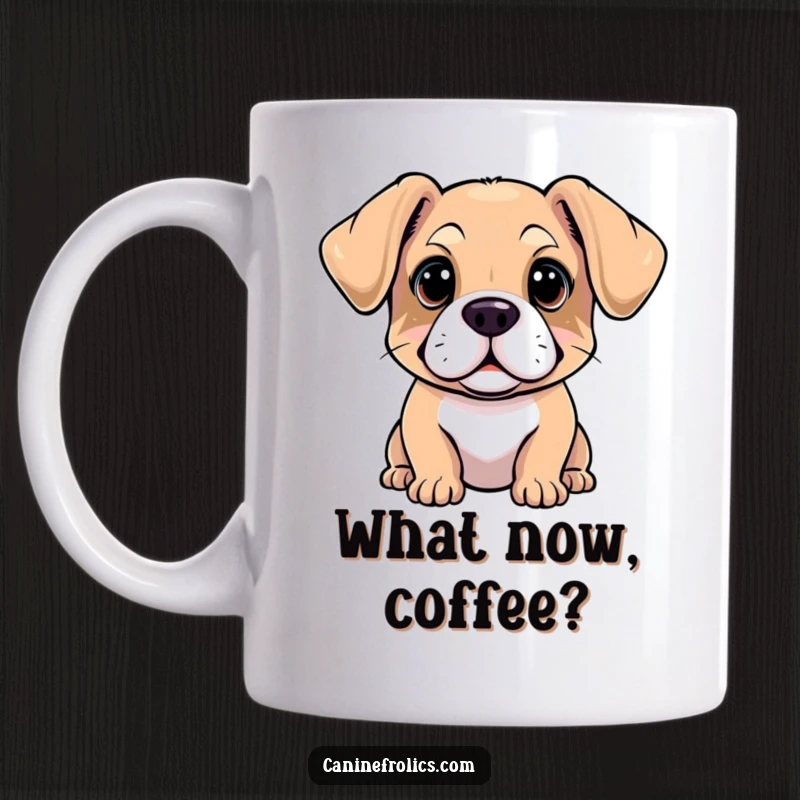 Funny mug showcasing a dog with ears flopped forward, head slightly tilted, conveying a deep sense of curiosity and intrigue.
