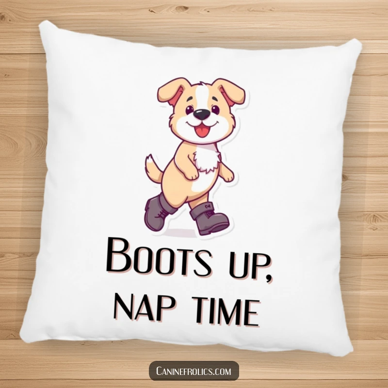 Funny dog pillow depicting a dog confidently walking in oversized boots, offering comfort and a humorous, stylish accent.