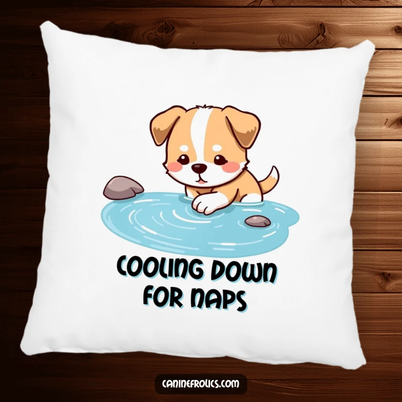 Funny dog pillow showing a happy dog dipping its paw into a clear stream, looking content.