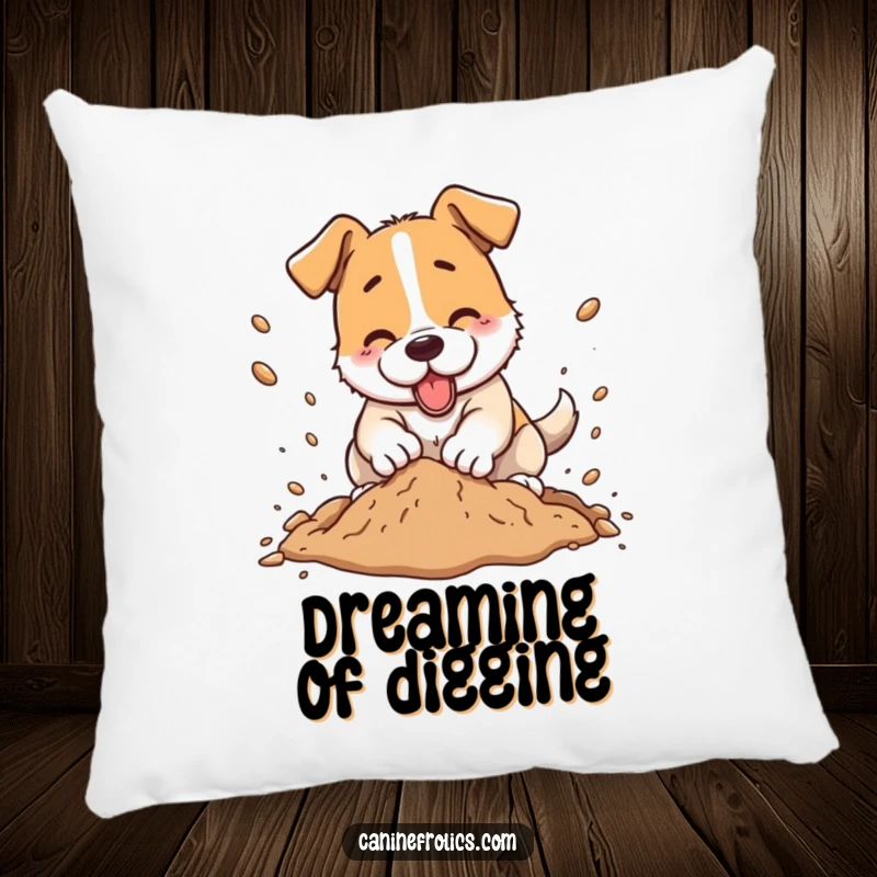 Funny dog pillow, a dog enthusiastically digging, dirt flying around, cozy and humorous pet decor.