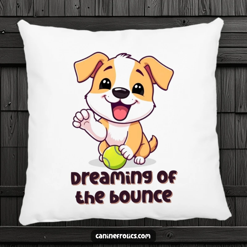 Funny pillow featuring a dog character's excited yip while playfully nudging a tennis ball, adding playful decor.