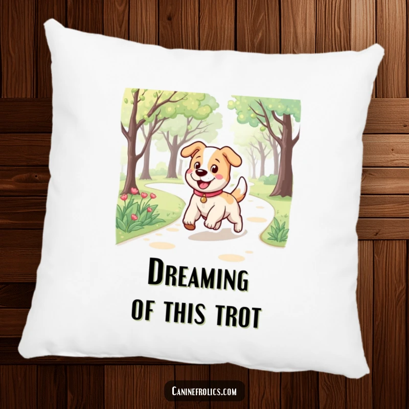 Funny pillow showcasing a dog character with a bouncy stride, happily trotting along a park path, adding cheerful decor.