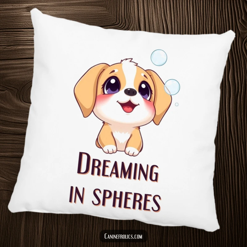 Funny dog pillow showing a delighted dog watching floating bubbles, providing comfort and a humorous touch of wonder.